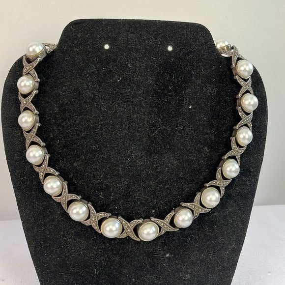Sterling Marcasite/Pearl Necklace with Earrings