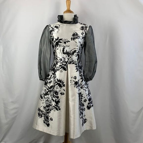 Giambattista Valli Black and White Floral Dress With Ruffle Trim