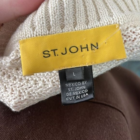 St John Cream Zip Mixed Media Knit Cardigan