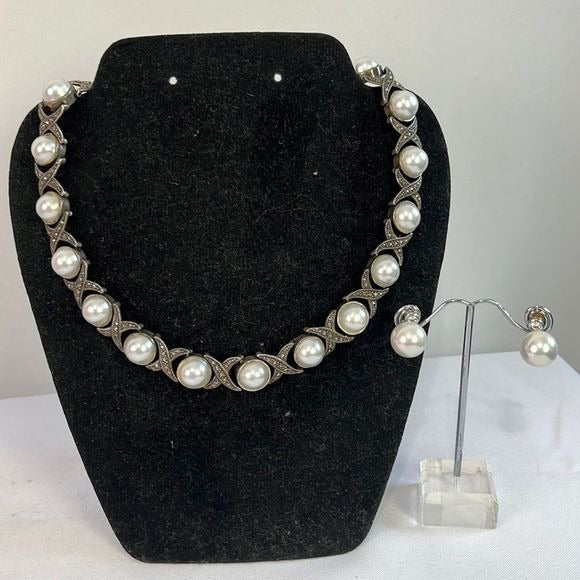 Sterling Marcasite/Pearl Necklace with Earrings