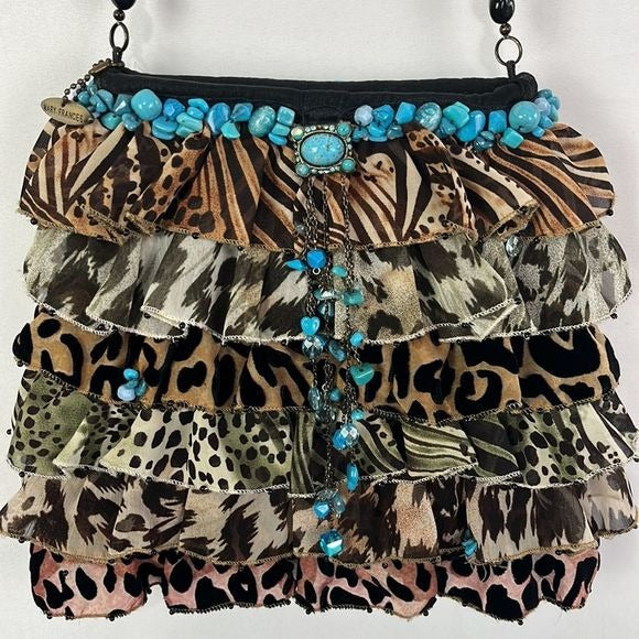 Mary Frances Animal Print Ruffle Bag with Turquoise Trim