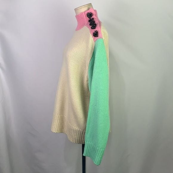 Olivia Rubin pink green blue color block/beaded hearts sweater