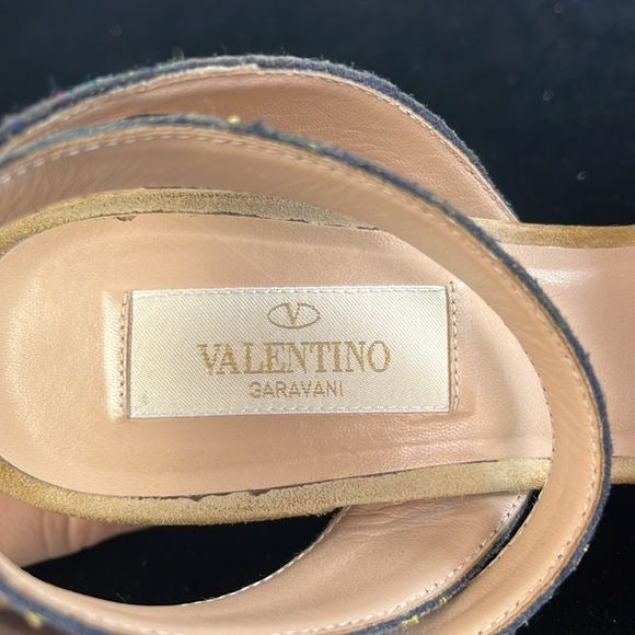 Valentino Tan Suede Block Heel with Multi Color Straps