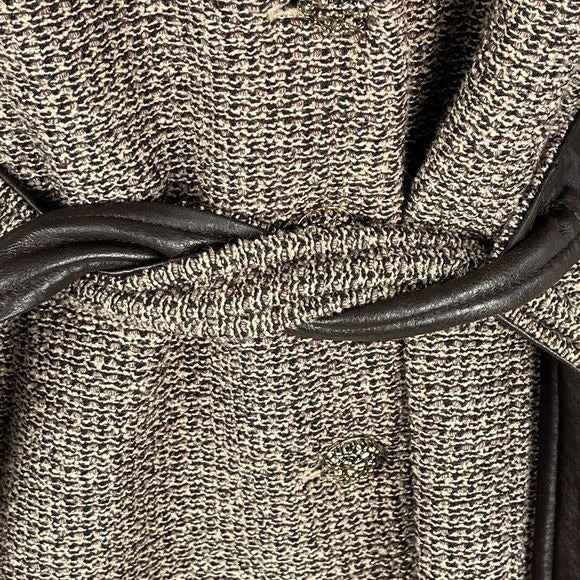 St John Tan tweed knit blazer w/ leather lined belt