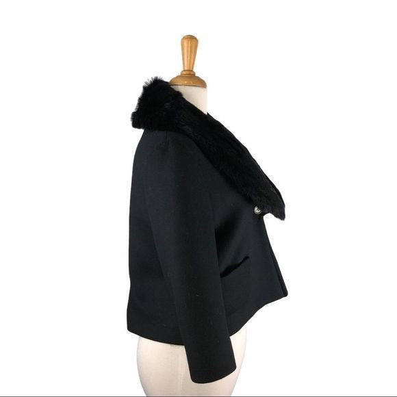 Cacharel Black Wool Blend Jacket w Fur Trim