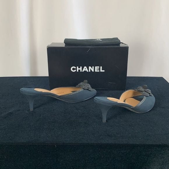 Chanel Navy Fabric Mules With Flower