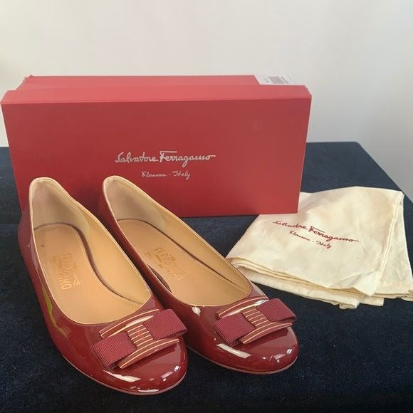 Salvatore Ferragamo wine patent low heel shoes