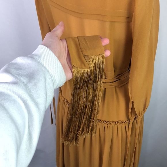 Max Mara Mustard Silk Drop Waist Dress with Fringe and Belt