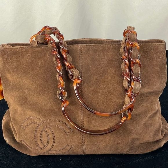 Chanel brown suede bag with tortoise handles