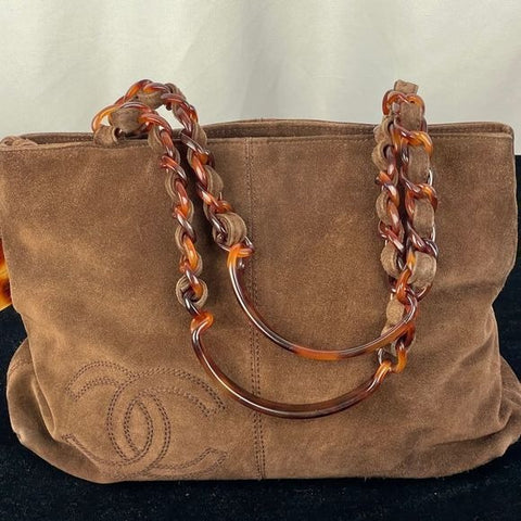 Chanel brown suede bag with tortoise handles