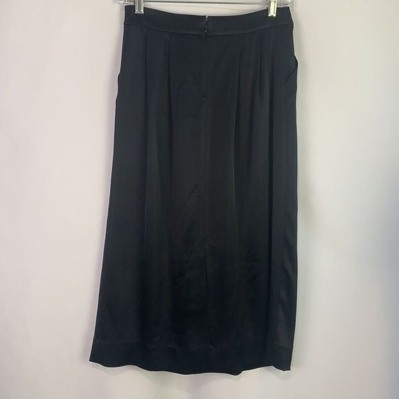 St. John Black Satin Pleated Midi Skirt
