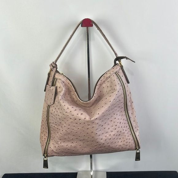 Furla Large Pink Ostrich Leather Bag with Zippers