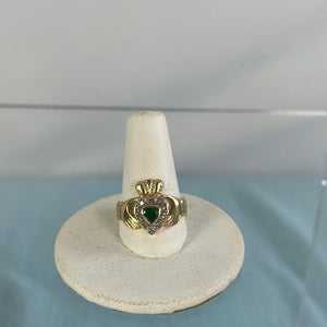 14kt Claddagh With Diamond And Emerald Ring