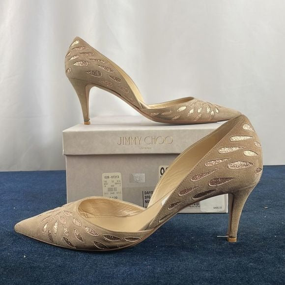 Jimmy Choo Tan Suede With Gold Detail Pumps With Box