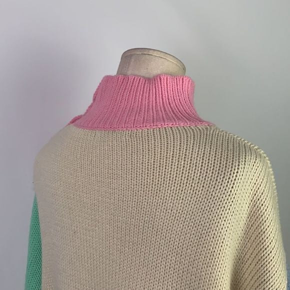 Olivia Rubin pink green blue color block/beaded hearts sweater