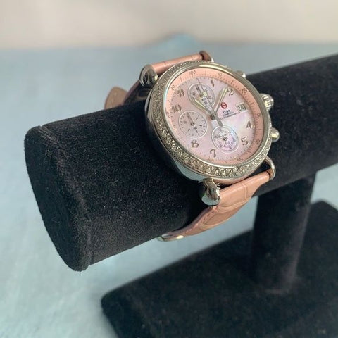Michele CSX mother of pearl face pink watch