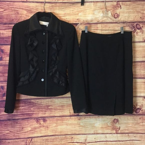 Valentino Black Satin Ruffle Wool Jacket Skirt Set
