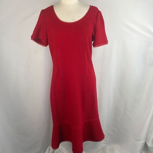 St John Red Textured Knit w Ruffle Bottom Dress