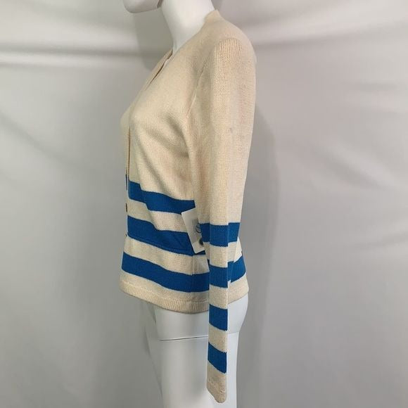 St. John NWT cream blue striped knit cardigan