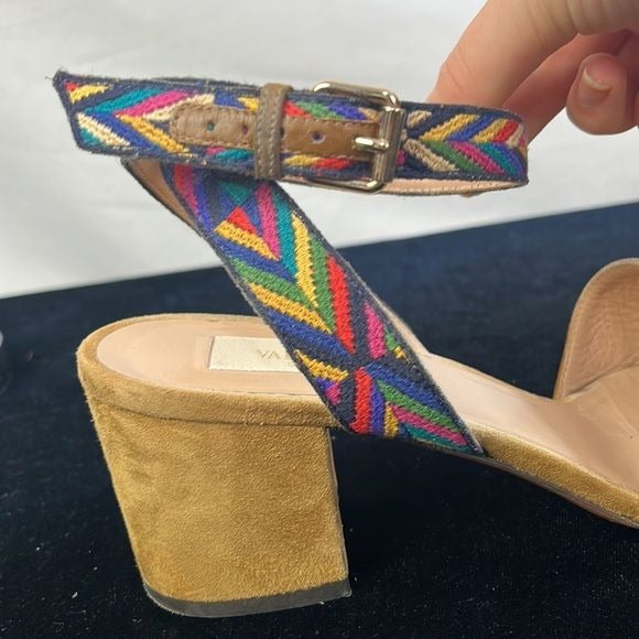 Valentino Tan Suede Block Heel with Multi Color Straps