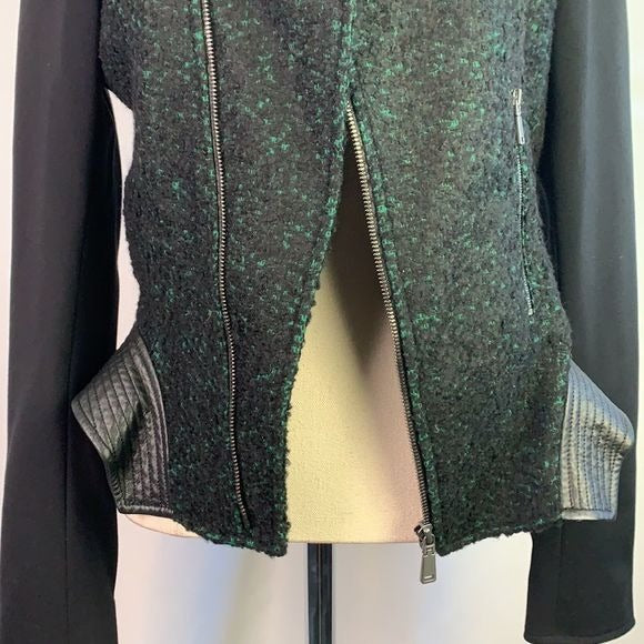Elie Tahari green tweed with leather trim moto jacket