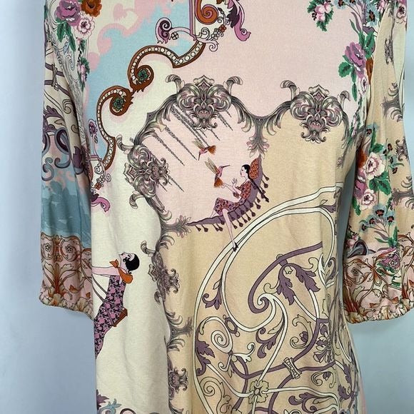Johnny Was Pink Print w Art Deco Lady RARE Top