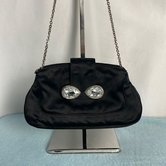 Tods Black Satin With Crystal Clasp Evening Bag