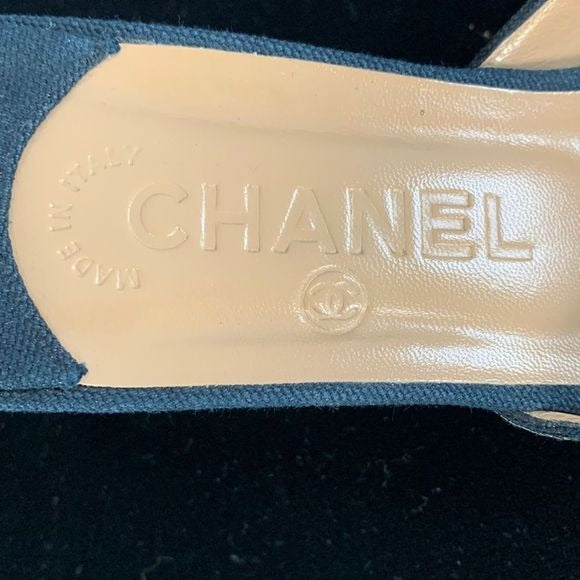 Chanel Navy Fabric Mules With Flower