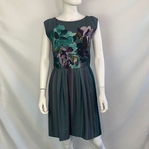 Alberta Ferretti gray silk floral print/pleated bottom dress