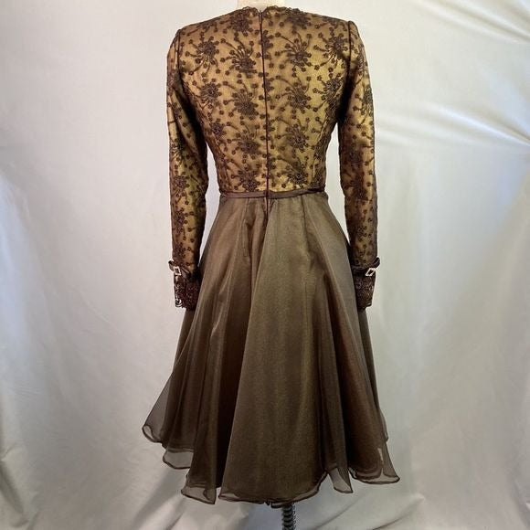 Saks Fifth Avenue Prince Vintage Brown Metallic Embroidery Fit Flare Dress