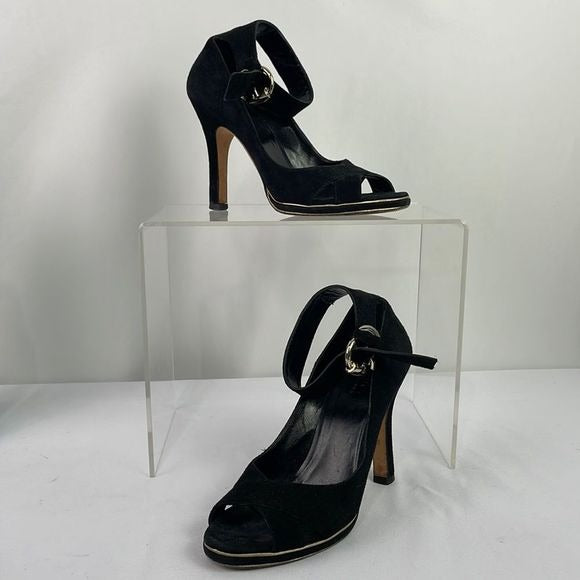 Gucci Black Suede With Gold Ankle Strap Sandal Heels