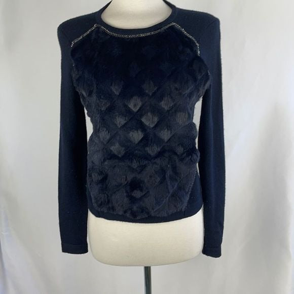 Elie Tahari Real Fur and Knit Navy Sweater