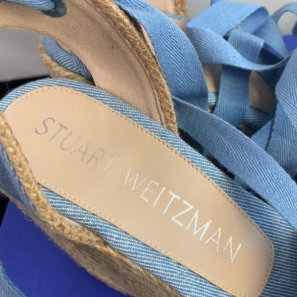 Stuart Weitzman NIB blue ankle tie straw wedges