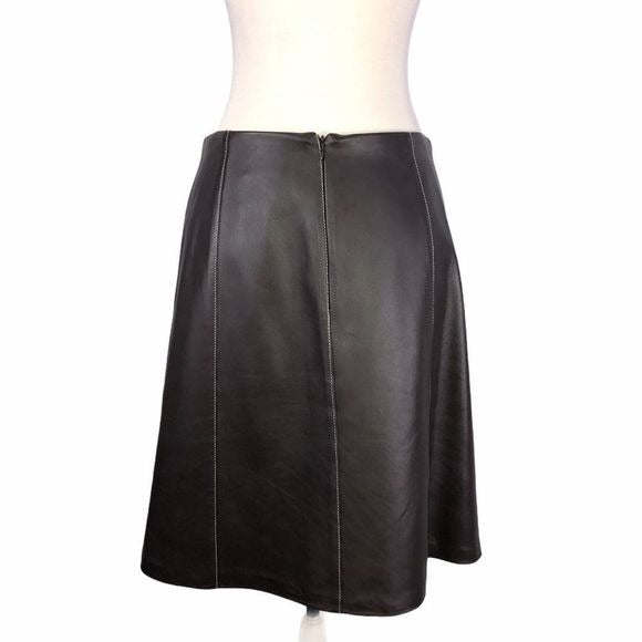St. John Brown Leather Skirt with White stitching