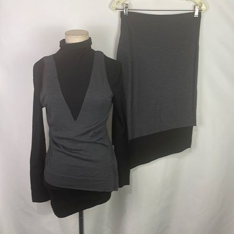 NWT Donna Karan Gray Black Color Block Skirt Set