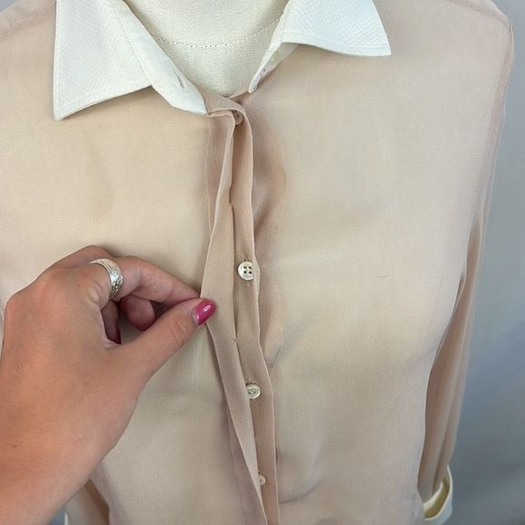 Valentino Sheer Pink Tan Blouse with White Trim Button