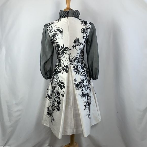 Giambattista Valli Black and White Floral Dress With Ruffle Trim