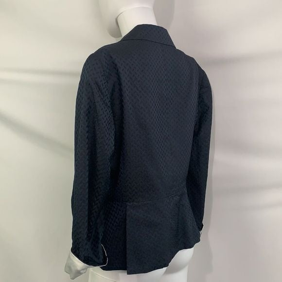 Armani Collezioni navy with blue print tie waist jacket