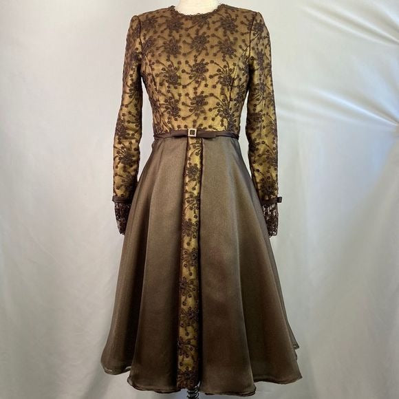 Saks Fifth Avenue Prince Vintage Brown Metallic Embroidery Fit Flare Dress