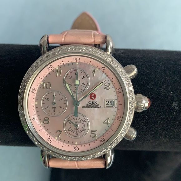 Michele CSX mother of pearl face pink watch