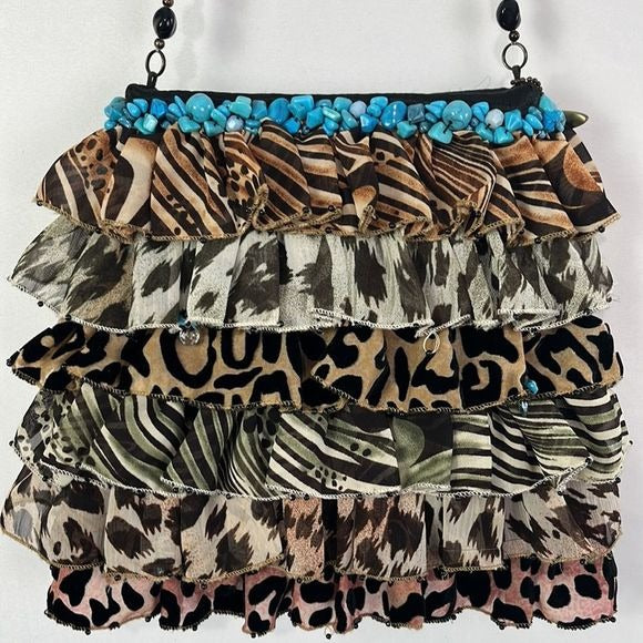 Mary Frances Animal Print Ruffle Bag with Turquoise Trim