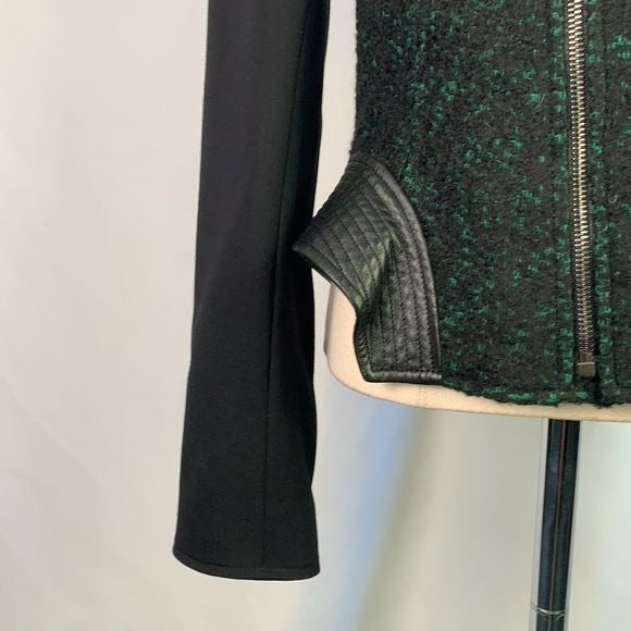Elie Tahari green tweed with leather trim moto jacket