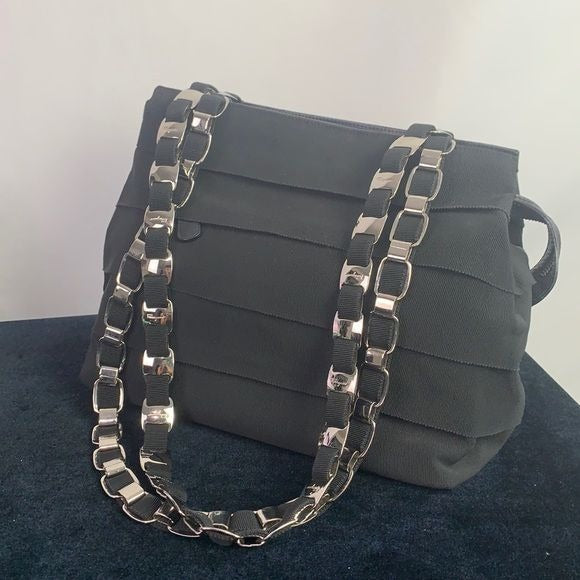 Salvatore Ferragamo black pleated with logo chain strap bag