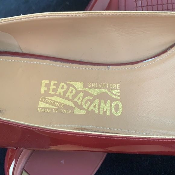 Salvatore Ferragamo wine patent low heel shoes