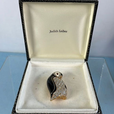 Judith Leiber NIB Swarovski Crystal Enamel Penguin Pin