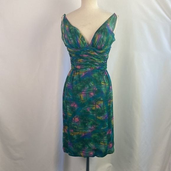 Green Print Pleated Bodice Vintage Dress