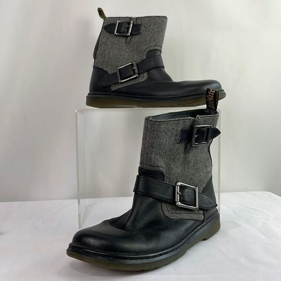 Dr Marten Grey Fabric With Black Leather Ankle Boots