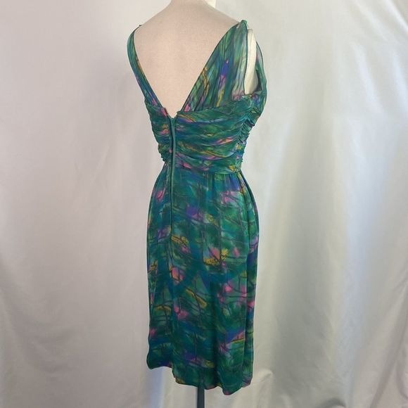 Green Print Pleated Bodice Vintage Dress