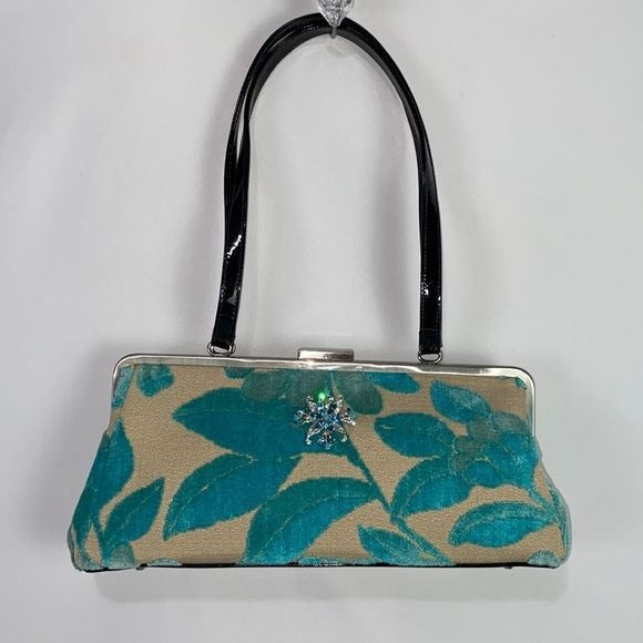 Glenda Geis Tan Turquoise Leaf Print Rec Kiss Lock Bag