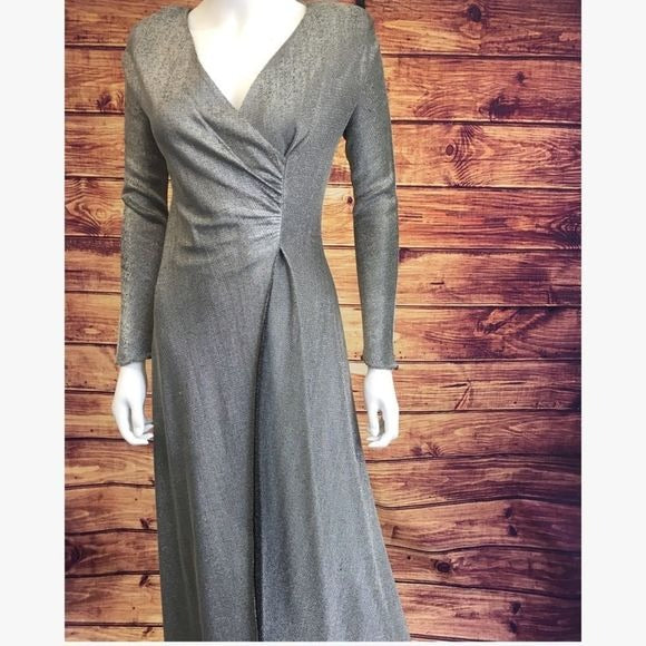 Vintage Silver Lame Faux Wrap Gown Long Dress